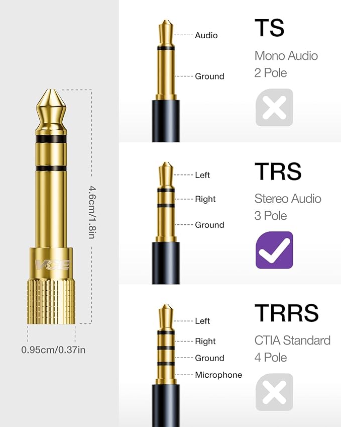 VCE 3.5mm to 1/4 Adapter Stereo Headphone Adapter, 24K Gold-Plated 1/8 to 1/4 - Image 5