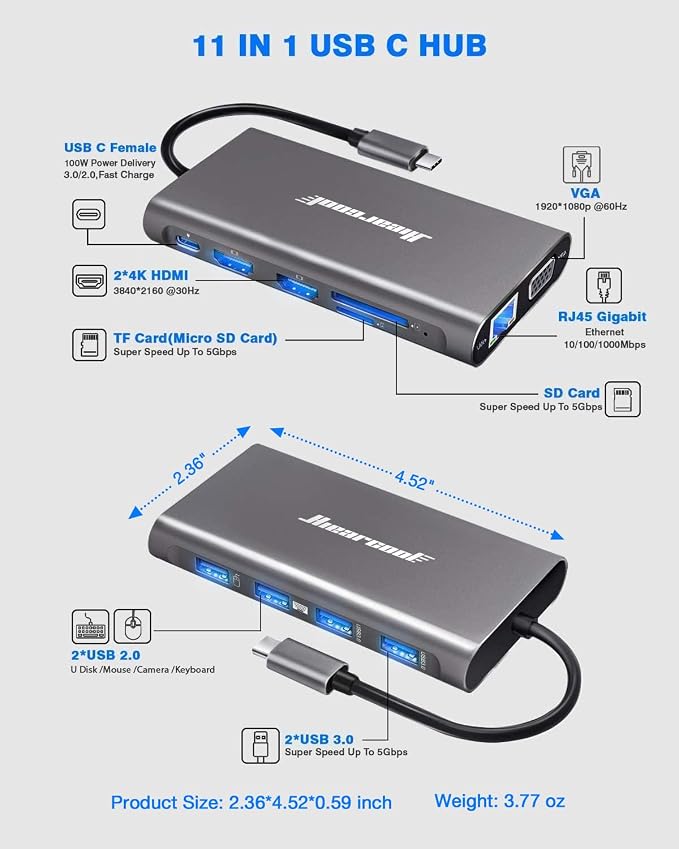 Hiearcool USB C Hub, USB-C Laptop Docking Station, 11IN1 Triple Display Type C - Image 3