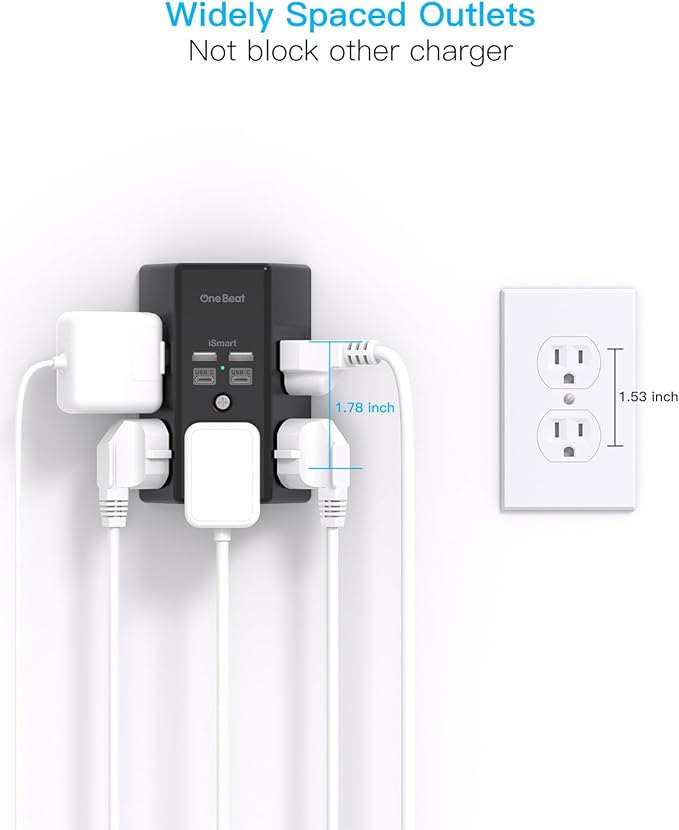 One Beat Surge Protector Wall Outlet Extender, 2 Pack 5 Outlets & 4 USB Ports - Image 6