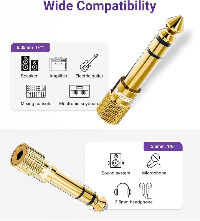 VCE 6.35mm Male to 3.5mm Female 1/4 inch to 1/8 inch 24K Stereo Audio Jack - Image 5
