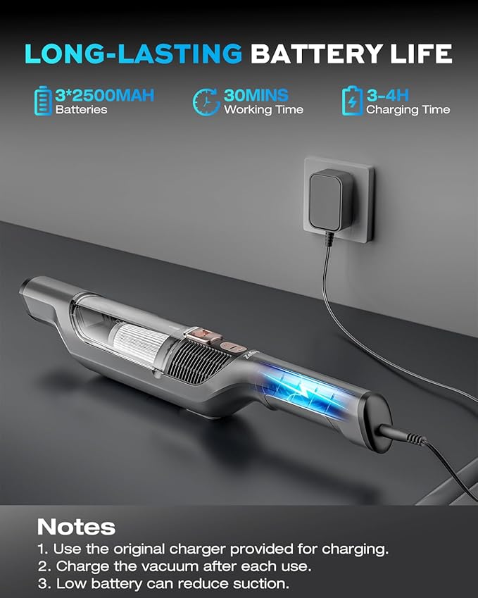 Zefiro Handheld Car Vacuum Cleaner, 22KPa Hand Held Vacuum Cordless Rechargeable - Image 4