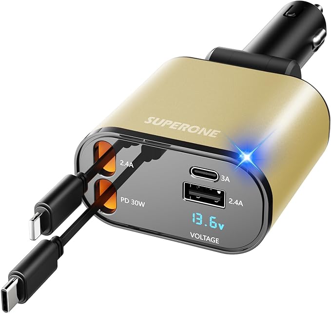 【Upgraded】 SUPERONE Retractable Car Charger 4 in 1, Fast Car Phone Charger by SUPERONE