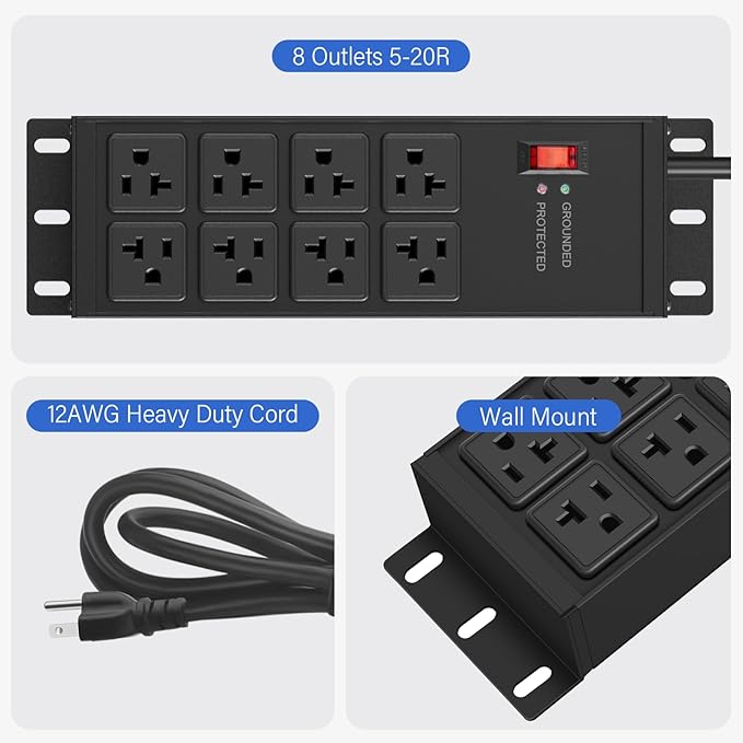 CCCEI Black Heavy Duty Power Strip Surge Protector 20 AMP, 8 Outlets 12 Gauge - Image 3