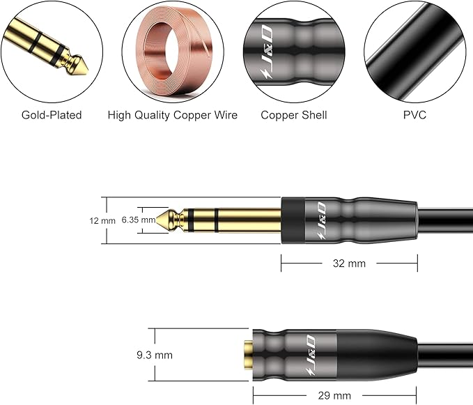 J&D 1/4 inch to 3.5mm Headphone Adapter, Heavy Duty Copper Shell Connecter - Image 2