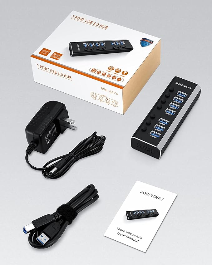 USB Hub 3.0 Powered Rosonway Aluminum 7 Ports USB 3.0 Data Hub Splitter - Image 9