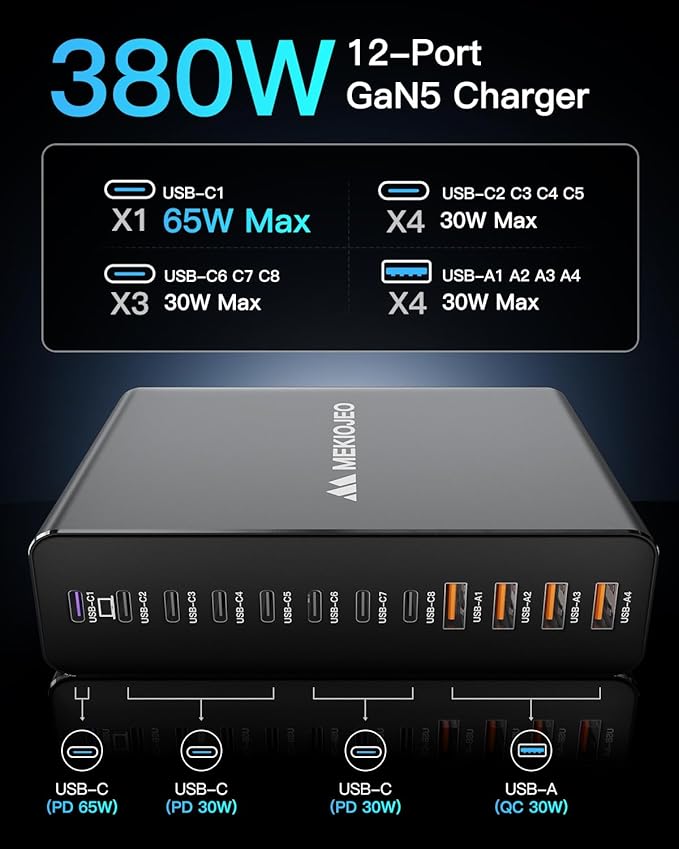 12 Ports Aluminum Alloy 380W Charging Station Fast USB C Charger Block 65W - Image 4
