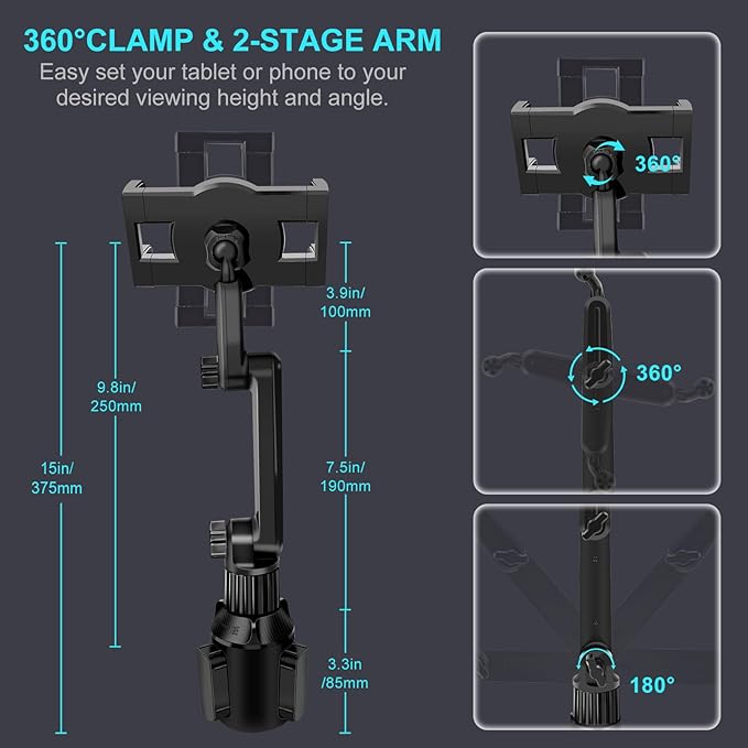 Cup Holder Car Tablet Mount for Truck, 360° Adjustable 15" Long 2-Arm Stand - Image 5