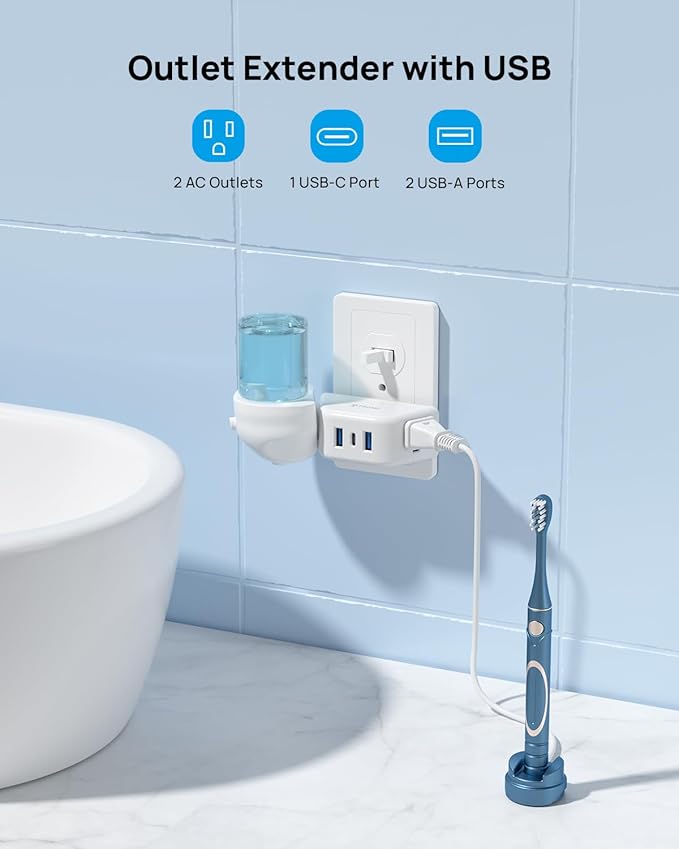 TROND Outlet Extender with USB, Wall Splitter with 2 AC Sockets, 3 USB Ports - Image 2