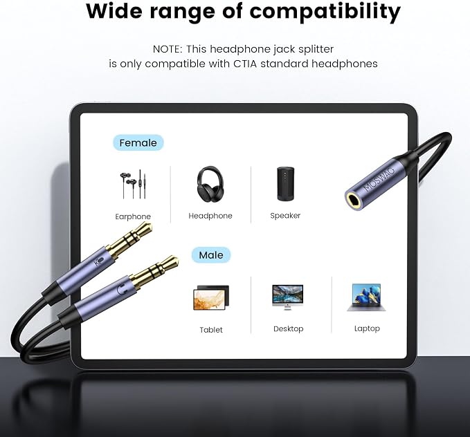 MOSWAG Headphone Splitter for Computer, 3.5mm Female to Dual 3.5mm Male Cable - Image 2