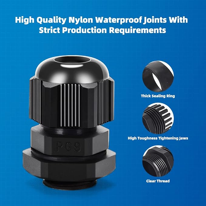 Cable Gland 20 Pack Plastic Waterproof Adjustable Connector 4-8mm PG9 Strain - Image 5