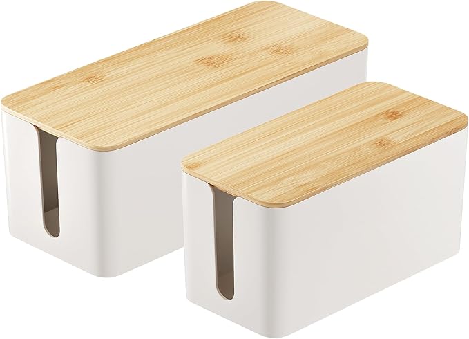 DELAMU 2 Pack Cable Management Box, Safe ABS Wood Grain Desk Medium and Small by DELAMU