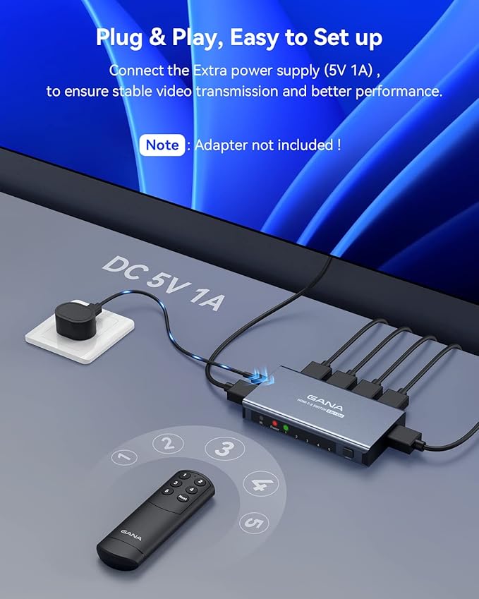 HDMI Switch 5 in 1 Out 4K@60Hz, GANA HDMI Splitter Switcher - Image 6
