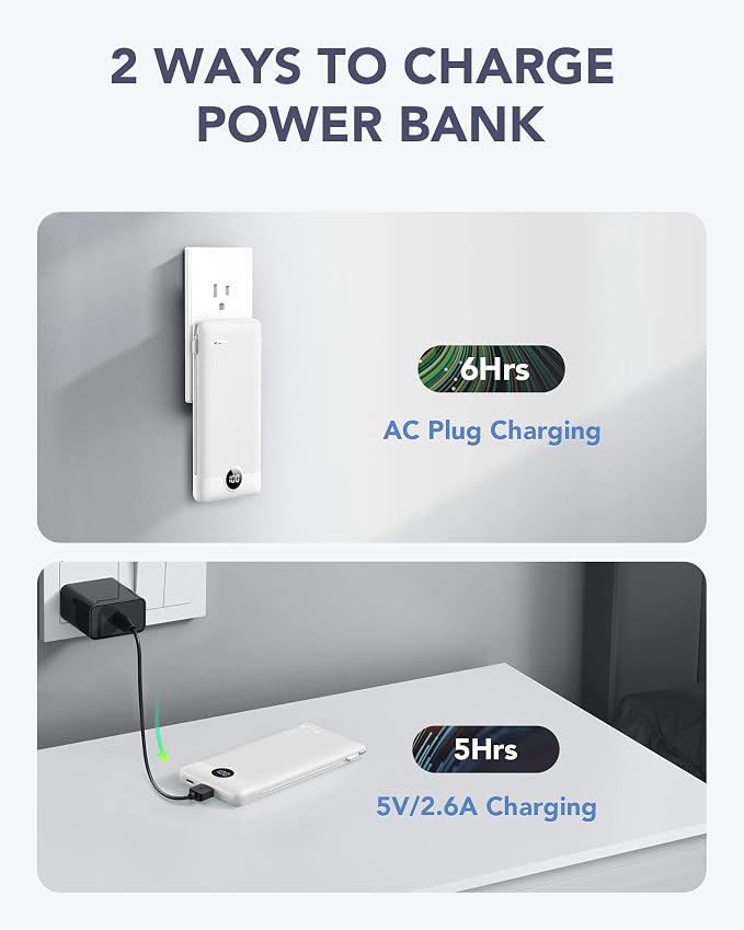 VRURC Portable Charger, Power Bank Built-in Cables and AC Wall Plug, USB C - Image 5