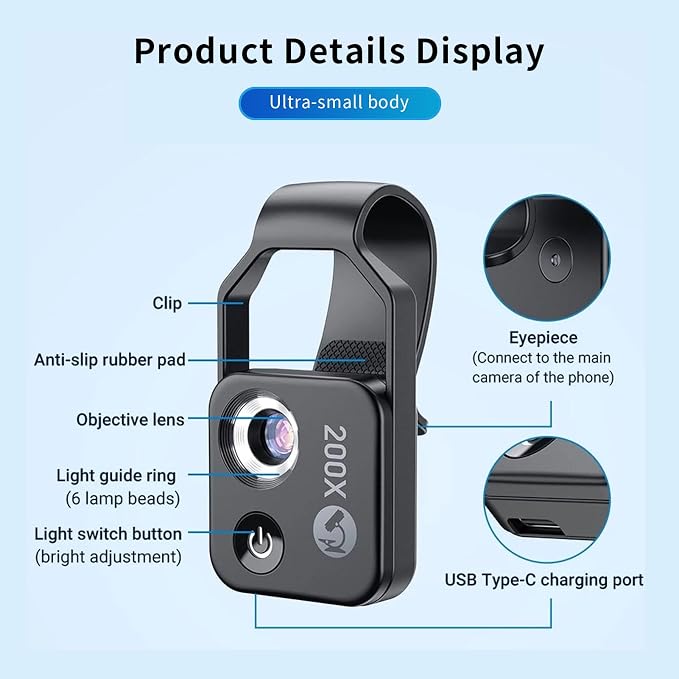 200X Phone Mini Pocket Microscope, Zoom Mobile Phone External Lens, Portable - Image 8