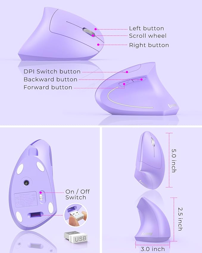 Lekvey Ergonomic Mouse, Vertical Wireless Mouse, Rechargeable 2.4G Optical - Image 6