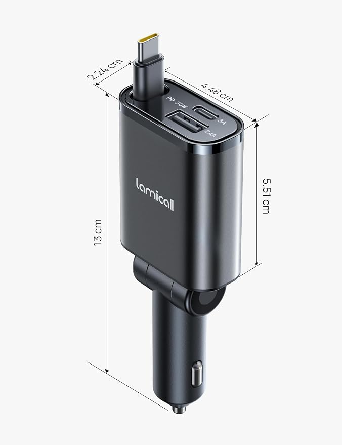 Lamicall Retractable Car Charger USB C Fast Charging 57W Type C Car Phone - Image 7