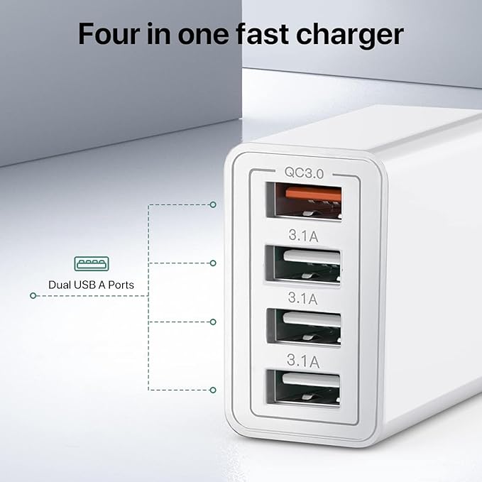 USB Charger, 4 Port USBA Wall Charging Block, Fast Charge QC 3.0 Plug Adapter - Image 4