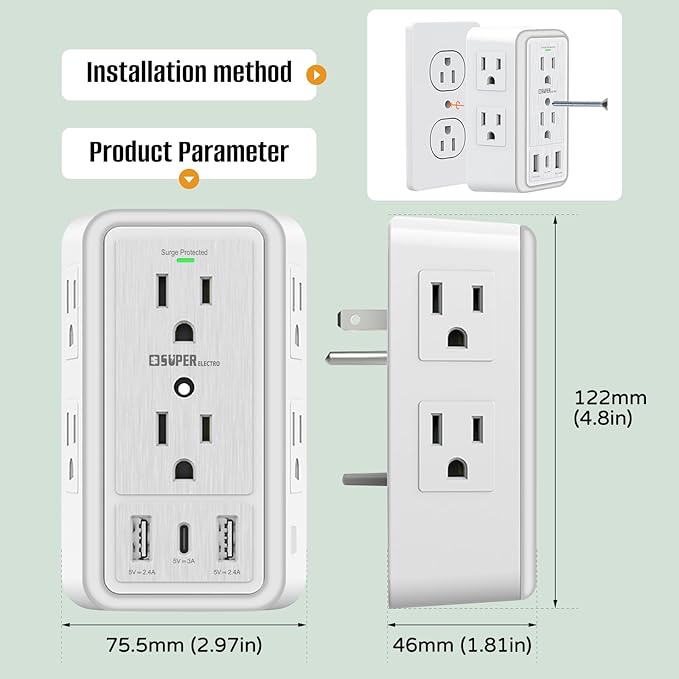 USB Wall Charger Surge Protector, Super Electro 6 Outlet Extender - Image 4