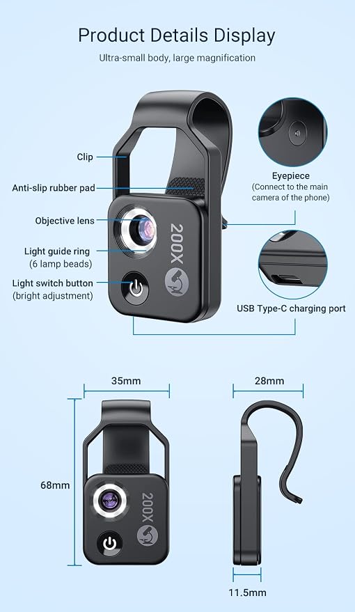 200X Magnification Microscope Lens withCPL Mobile LED Light Micro Pocket Macro - Image 8
