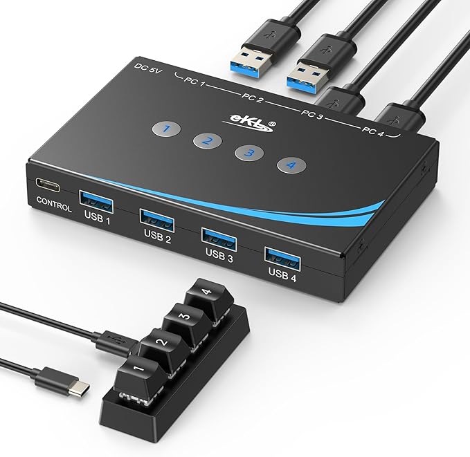 eKL USB 3.0 Switch 4 Computers Sharing USB Peripherals, 4 Port USB Switcher by EKL