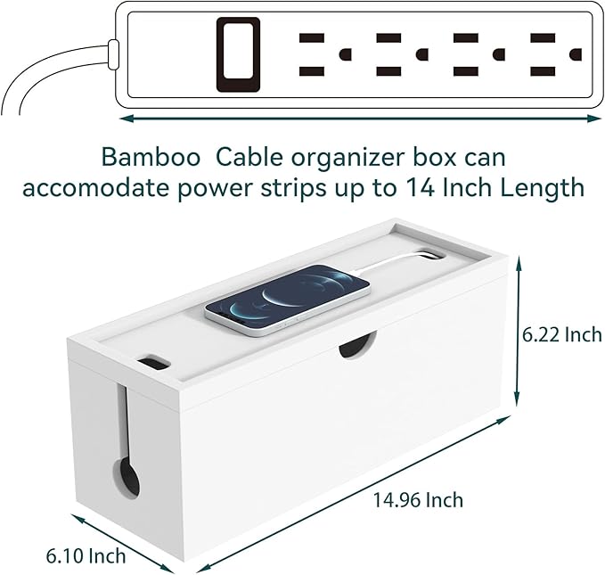 Bamboo Cable Management Box, Large Cord Organizer Box Cable Box to Hide Wires & - Image 3