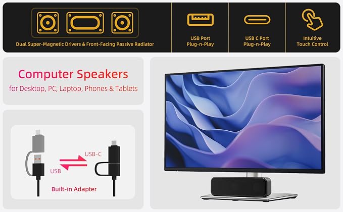 Computer Speakers for Desktop PC Laptop, USB Plug-in, External Speakers for - Image 2