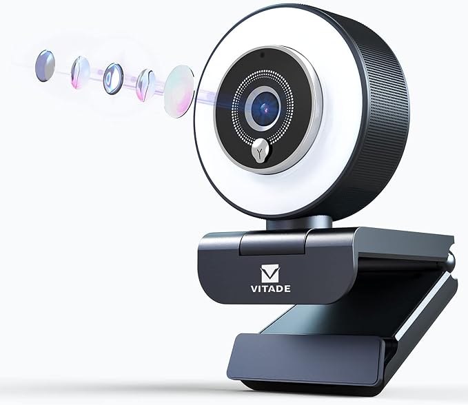Streaming Webcam with Adjustable Ring Light, Full HD 1080P Webcam with Dual by Vitade