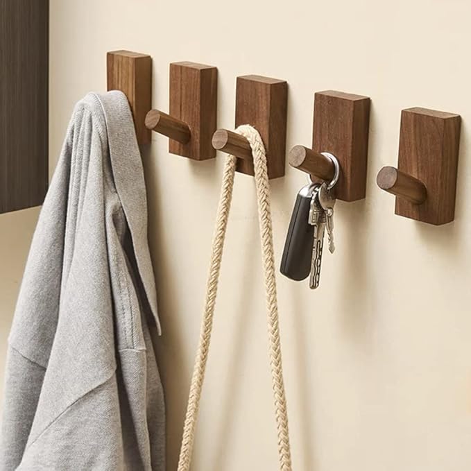 HomeDo 8Pack Adhesive Wall Hooks Hat Rack, Wooden Coat Hooks Wall Mounted - Image 5