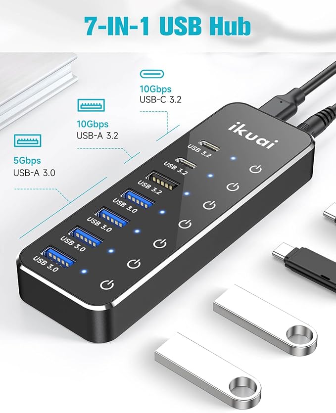 Powered USB Hub, ikuai 7-Port USB 3.2 / USB C Hub, - Image 2