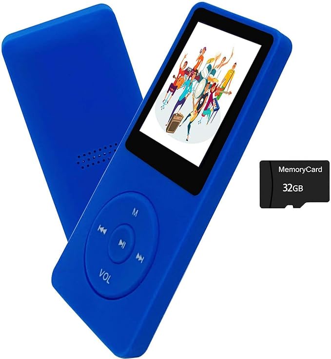 MP3 Player 32GB with Speaker Earphone Portable Mini Blue Music Player Support by arungo
