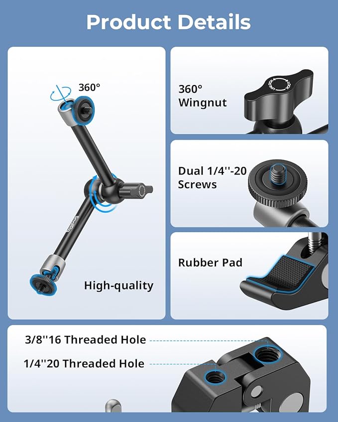 SMALLRIG Clamp w/ 1/4" and 3/8" Thread Holes, 9.8 Inches Adjustable Friction - Image 2