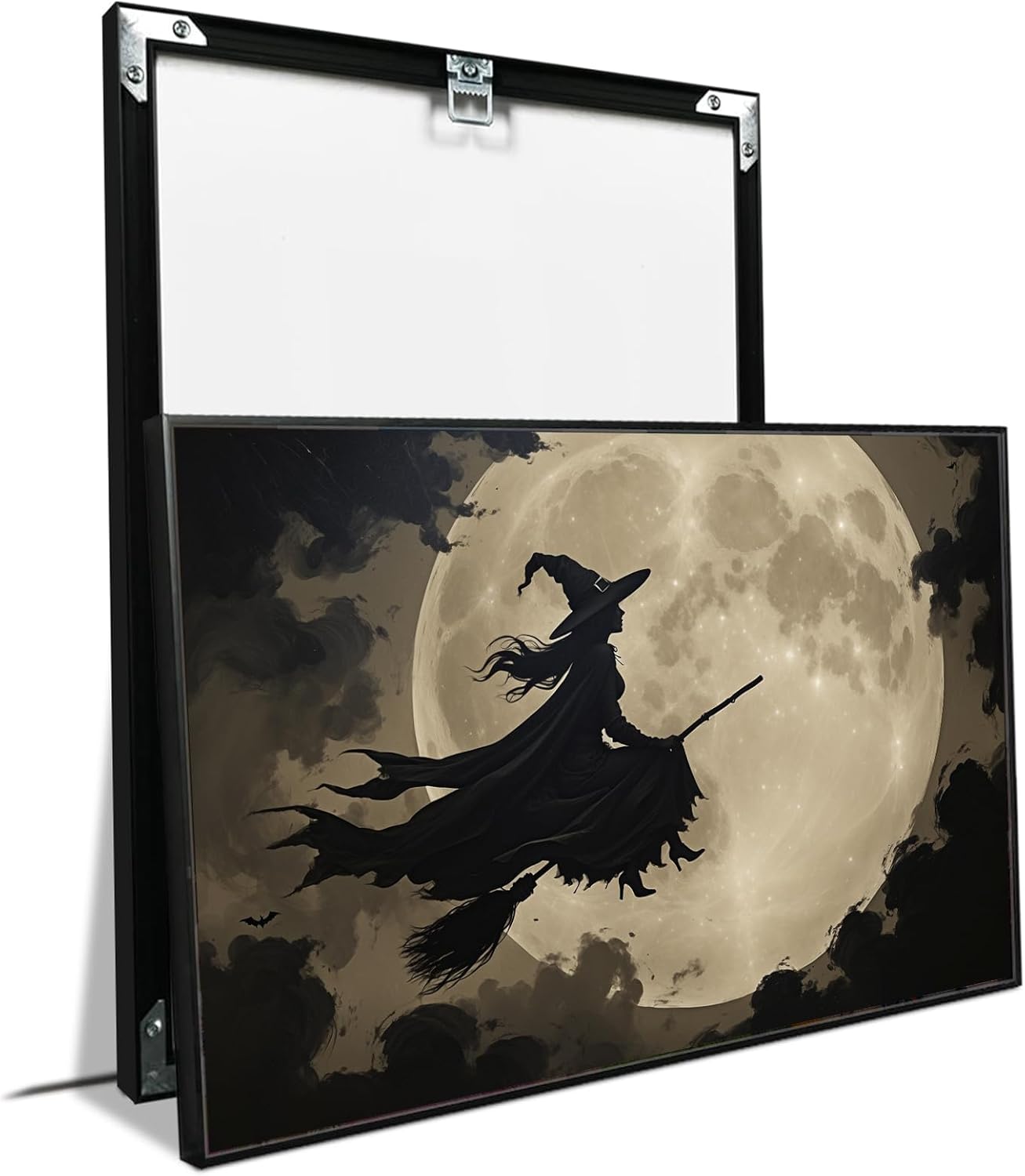 JFHCQJPK Full moon witch silhouette poster witch on magic broom Halloween mural poster decorative mural art suitable for home living room bedroom12x16in Metal blackFramed