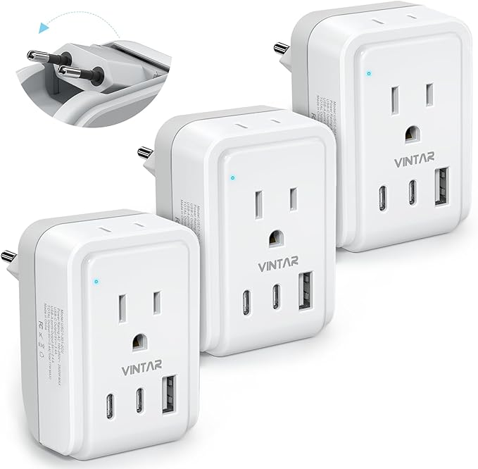 3 Pack European Travel Plug Adapter, VINTAR Foldable International Plug Adapter by VINTAR