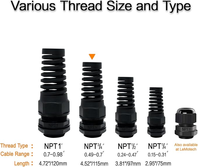 LeMotech 10Pcs NPT 3/4" IP68 Waterproof Cable Gland Flex Spiral Strain Relief - Image 6