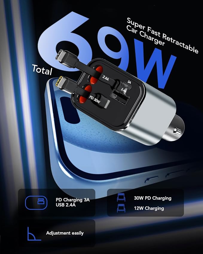 Retractable Car Charger, 4 in 1 Fast Car Phone Charger 66W, 2 Retractable - Image 3