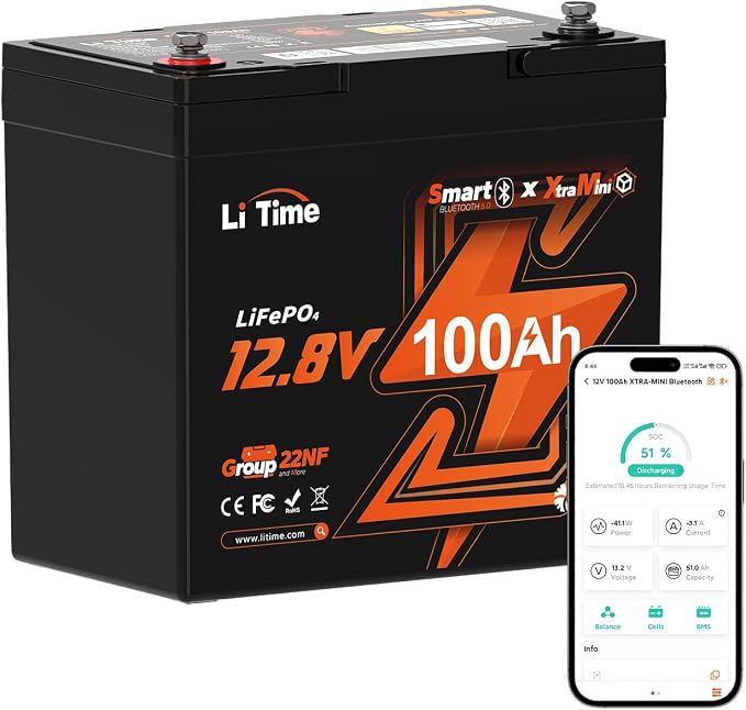 LiTime 12V 100Ah Xtra-Mini Bluetooth Small LiFePO4 Battery by LiTime