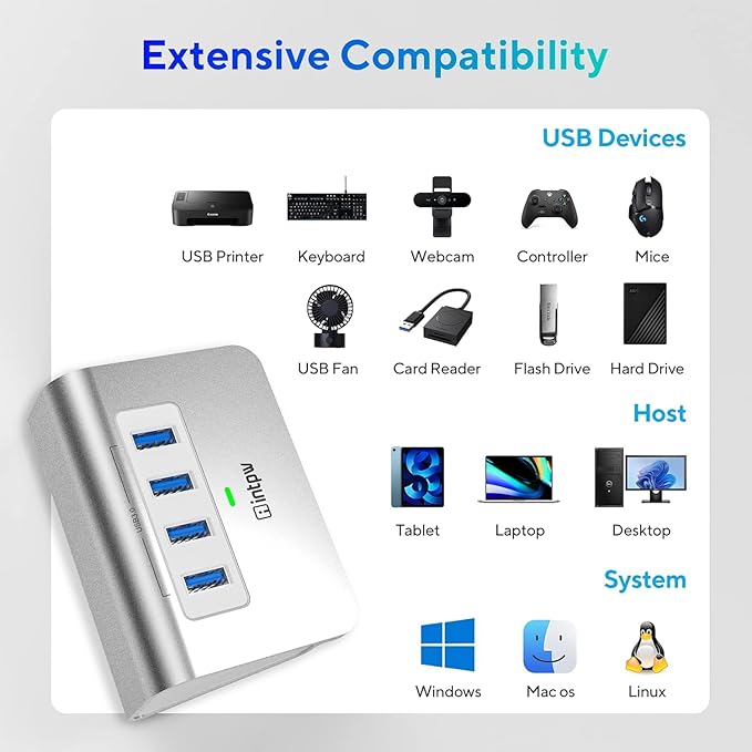 intpw USB 3.0 Hub, Aluminum 4 Port USB Data Hub 3.0 Port Extender Splitter - Image 7