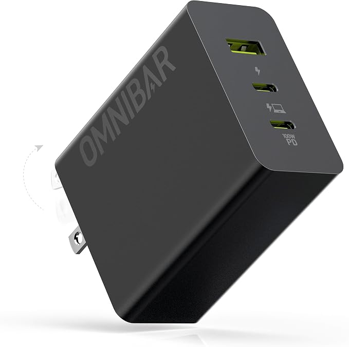 100W USB C Charger, 100W Laptop Fast Charger 3-Port GaN Foldable Fast Wall by Omnibar