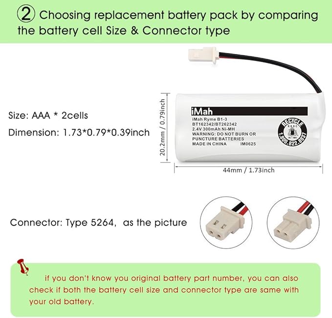 iMah Ryme B1-3 BT162342 BT262342 2.4V 300mAh Ni-MH Cordless Telephone Batteries - Image 4