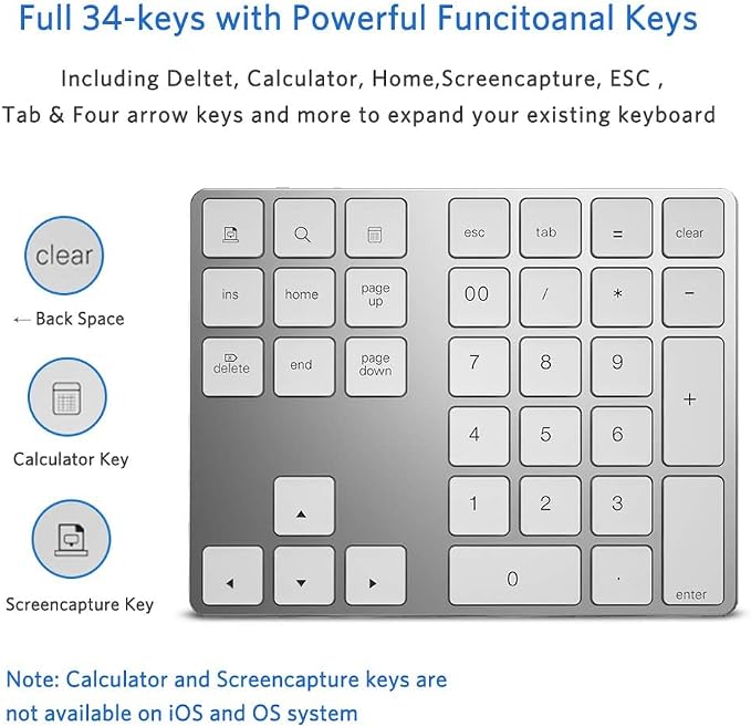 Bluetooth Number Pad, Wireless Numeric Keypad, USB-C Rechargeable External - Image 3