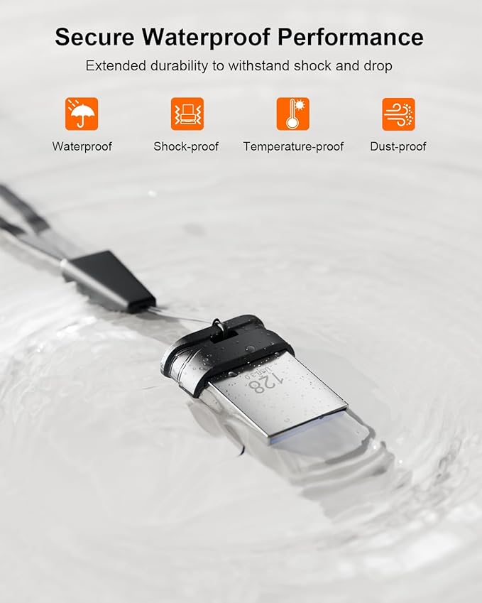 128GB USB 3.0 Flash Drive, Mini Thumb Drive Waterproof Memory Stick - Image 3