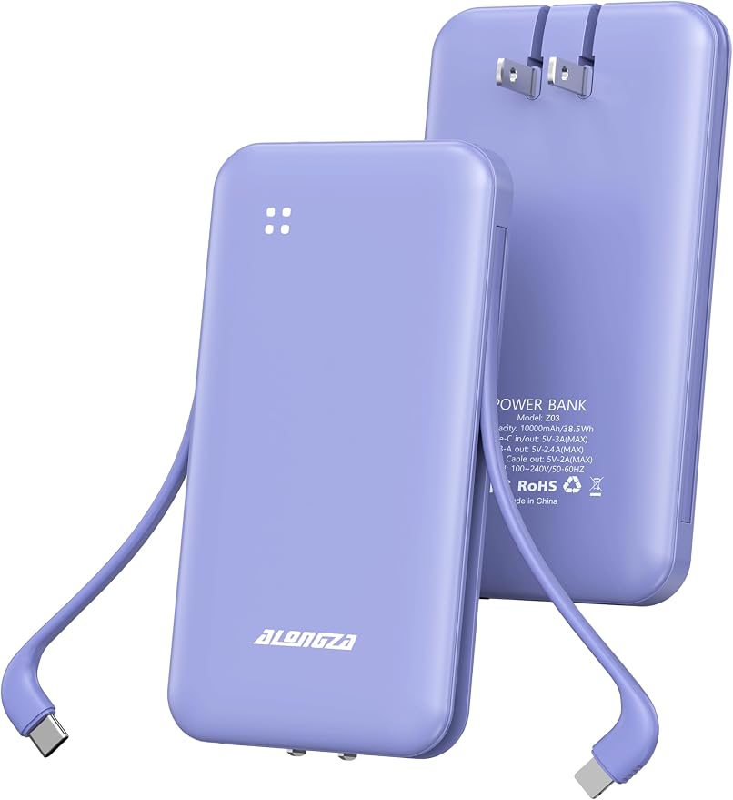 Alongza Portable Charger Built-in Cables and AC Wall Plug, Slim Fast Charging by Alongza
