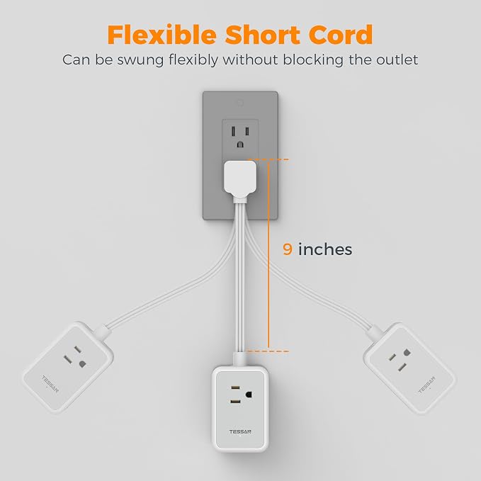 Short Power Strip 9 inch, TESSAN Flat Plug Small Extension Cord - Image 2