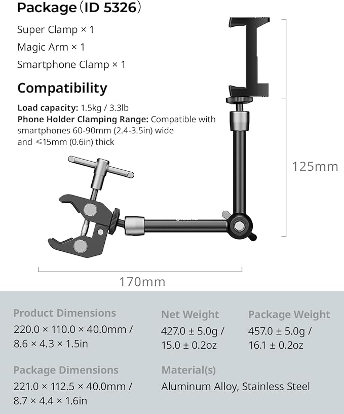 SMALLRIG Clamp w/ 1/4" and 3/8" Thread Holes, 9.8 Inches Adjustable Friction - Image 8