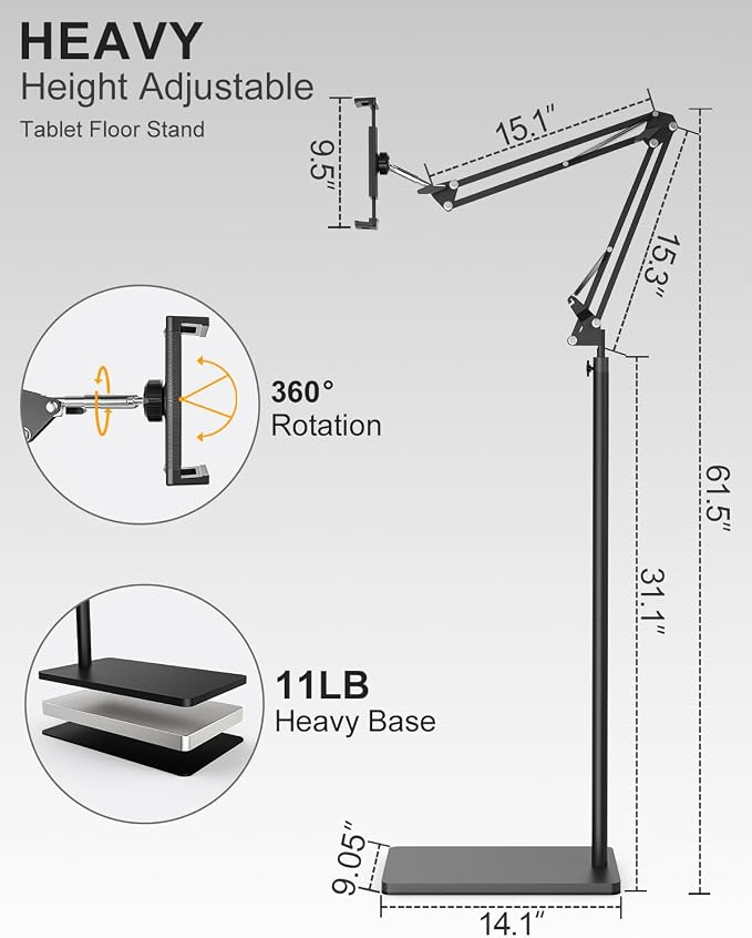 Tablet Floor Stand with 11lb Stable Base & Desk Clamp, Adjustable Height - Image 4