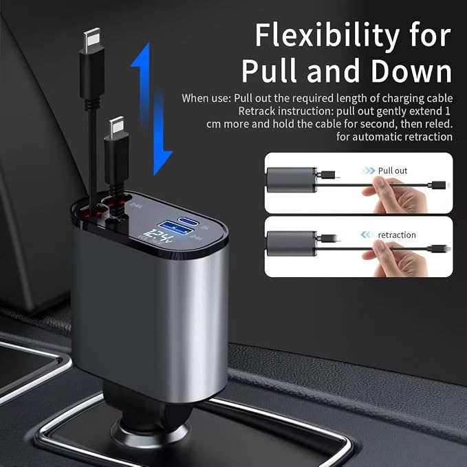 Retractable Car Charger, 4 in 1 Fast Charging 69W, Cigarette Lighter Adapter 2 - Image 4