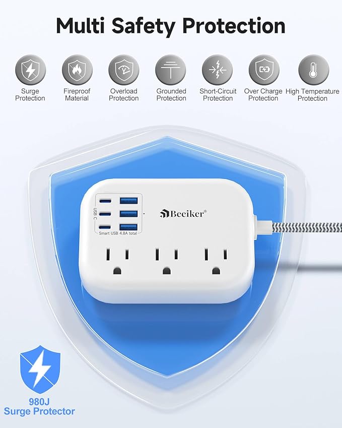 Beeiker Short Extension Cord 1 Ft- 6 USB Travel Power Strip - Image 6