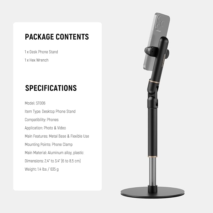 NEEWER Basics Cell Phone Stand for Desk, Adjustable Phone Holder Clamp - Image 2