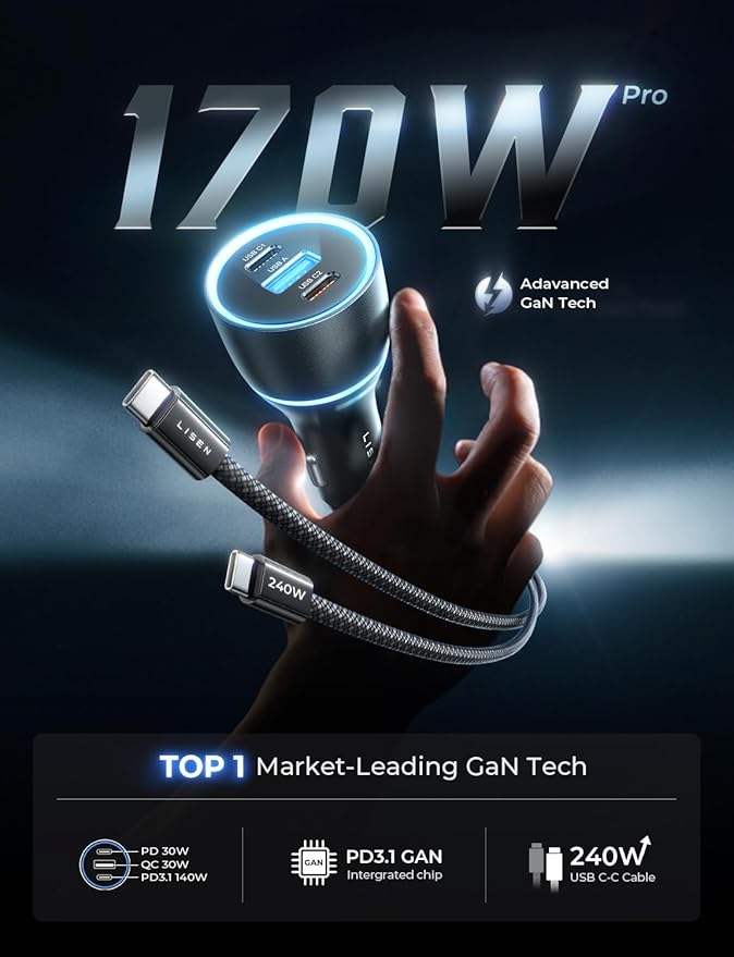 LISEN 170W Car Charger USB C Fast Charging - Image 2