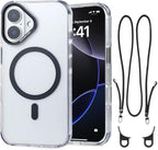 for iPhone 16 Case with 62.99 inch Lanyard, Classic Clear&Black Magnetic Phone by QATYYY